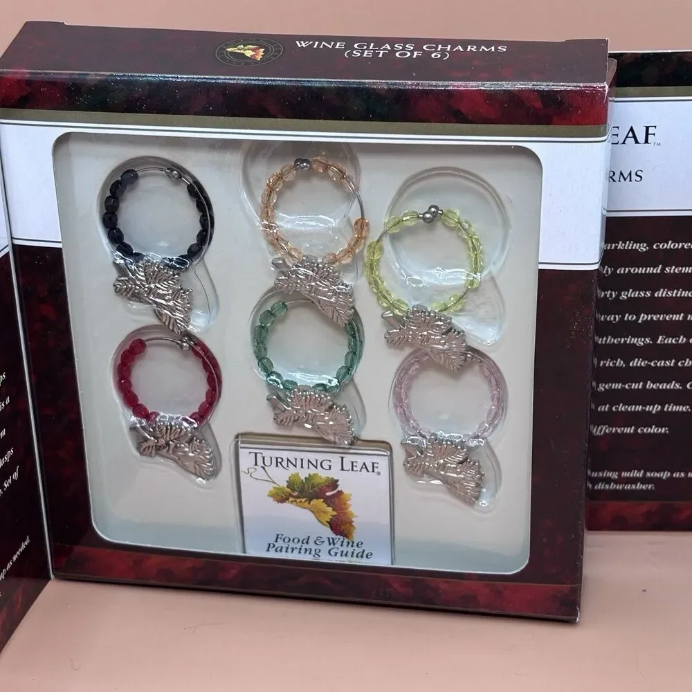 Turning Leaf Wine Glass Charms Set of 6 Beaded Grape Leaf Wine Marker 2002 2 box
